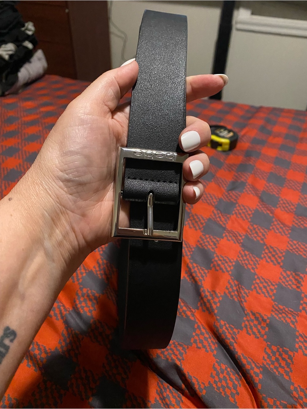 bebe Black Leather Belt with Silver Buckle XL